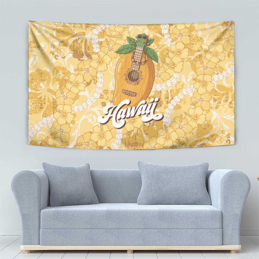 Hawaiian Mango Ukulele Tapestry Retro Yellow Hibiscus Pikake Lei LT9 - Polynesian Pride