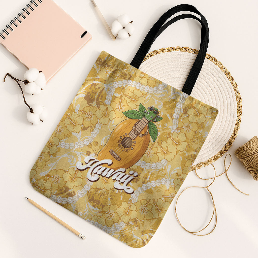 Hawaiian Mango Ukulele Tote Bag Retro Yellow Hibiscus Pikake Lei LT9 Black Strap One Size Yellow - Polynesian Pride