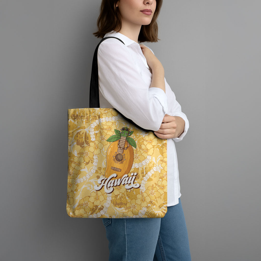 Hawaiian Mango Ukulele Tote Bag Retro Yellow Hibiscus Pikake Lei LT9 - Polynesian Pride
