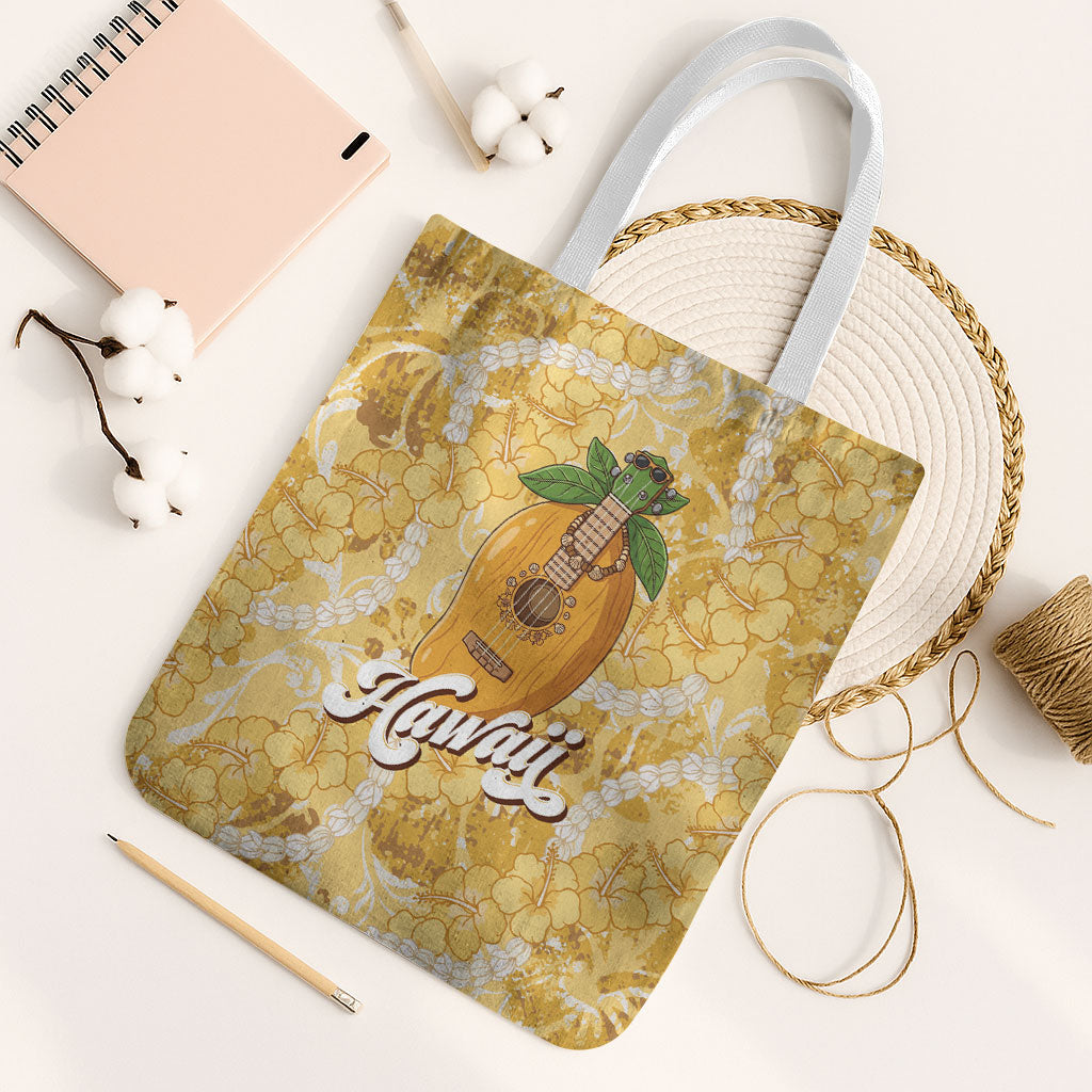 Hawaiian Mango Ukulele Tote Bag Retro Yellow Hibiscus Pikake Lei LT9 White Strap One Size Yellow - Polynesian Pride