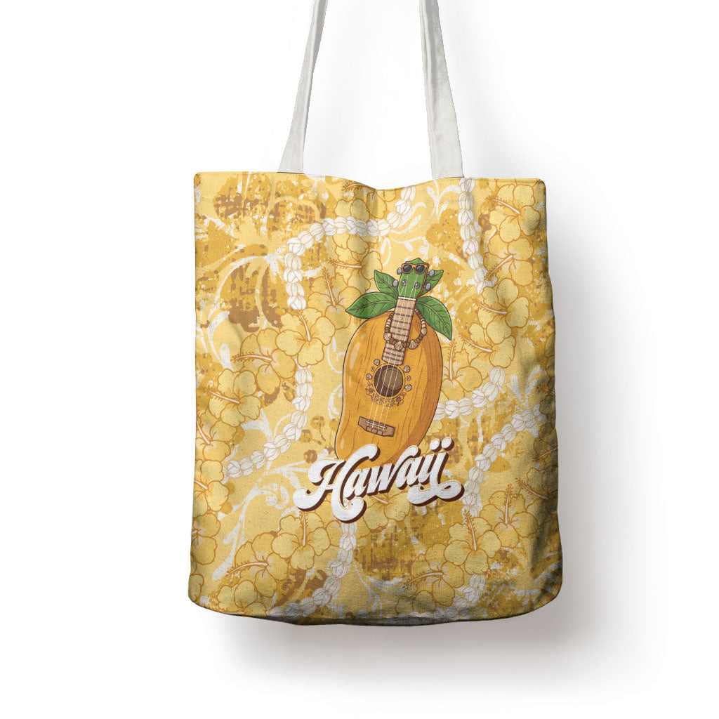Hawaiian Mango Ukulele Tote Bag Retro Yellow Hibiscus Pikake Lei LT9 - Polynesian Pride