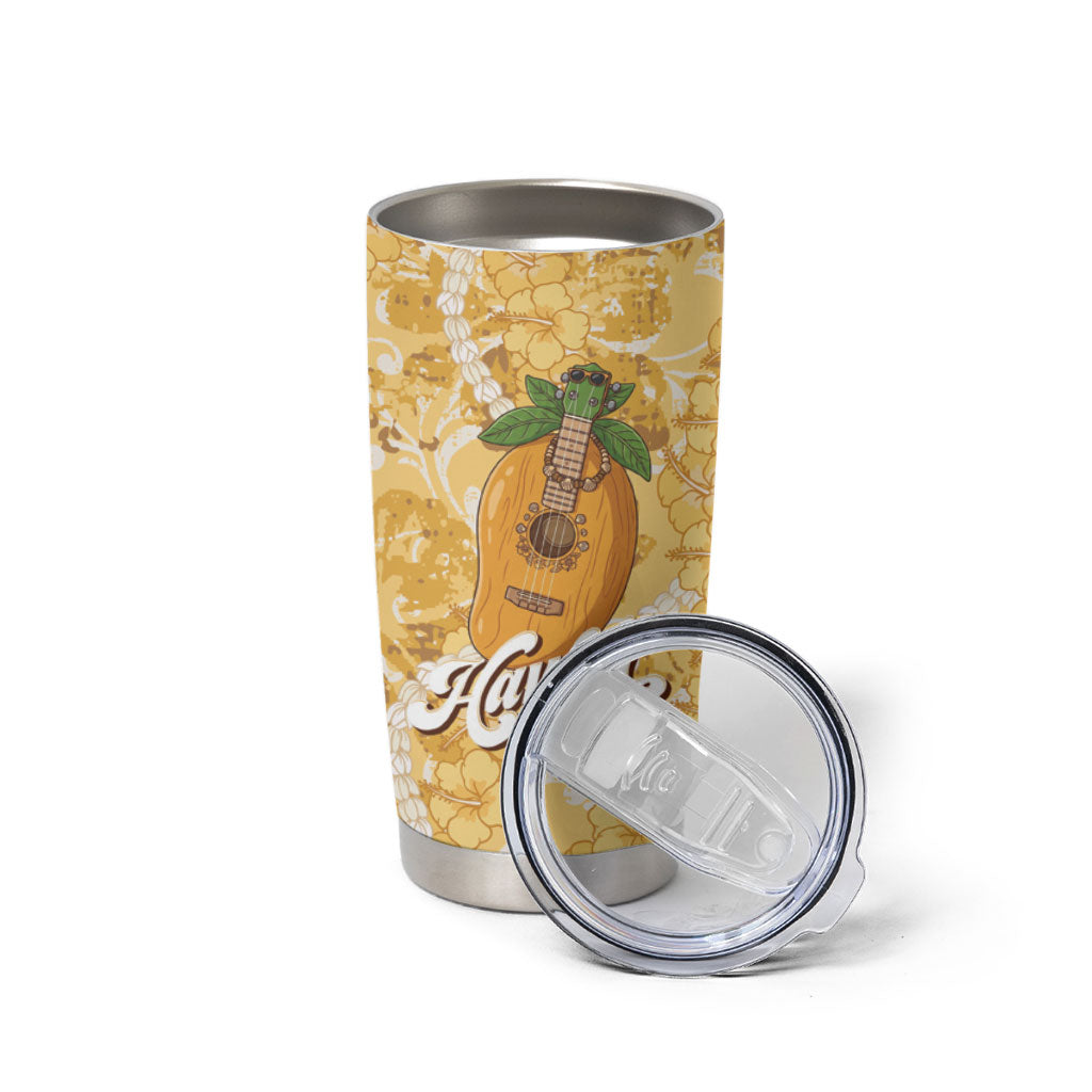 Hawaiian Mango Ukulele Tumbler Cup Retro Yellow Hibiscus Pikake Lei LT9 - Polynesian Pride