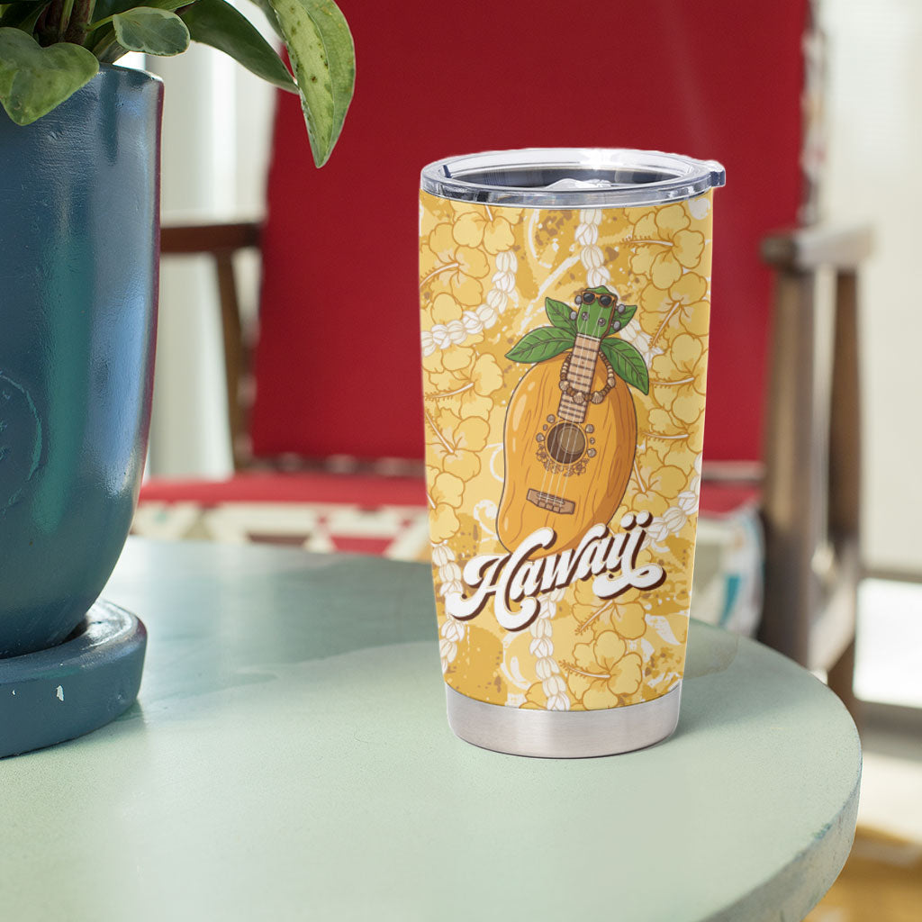 Hawaiian Mango Ukulele Tumbler Cup Retro Yellow Hibiscus Pikake Lei LT9 - Polynesian Pride