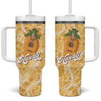 Hawaiian Mango Ukulele Tumbler With Handle Retro Yellow Hibiscus Pikake Lei LT9 One Size: 40 oz Yellow - Polynesian Pride