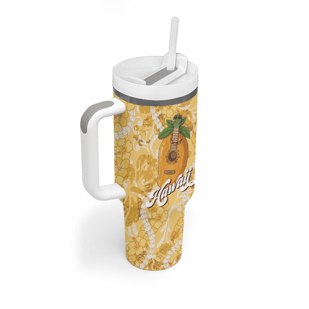 Hawaiian Mango Ukulele Tumbler With Handle Retro Yellow Hibiscus Pikake Lei LT9 - Polynesian Pride