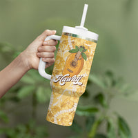 Hawaiian Mango Ukulele Tumbler With Handle Retro Yellow Hibiscus Pikake Lei LT9 - Polynesian Pride