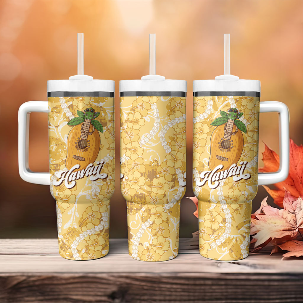 Hawaiian Mango Ukulele Tumbler With Handle Retro Yellow Hibiscus Pikake Lei LT9 - Polynesian Pride