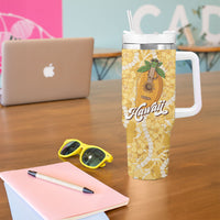 Hawaiian Mango Ukulele Tumbler With Handle Retro Yellow Hibiscus Pikake Lei LT9 - Polynesian Pride