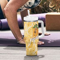 Hawaiian Mango Ukulele Tumbler With Handle Retro Yellow Hibiscus Pikake Lei LT9 - Polynesian Pride
