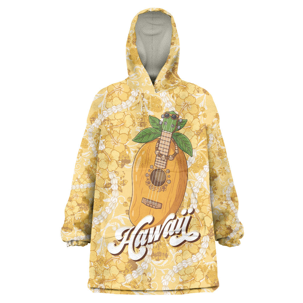 Hawaiian Mango Ukulele Wearable Blanket Hoodie Retro Yellow Hibiscus Pikake Lei LT9 One Size Yellow - Polynesian Pride