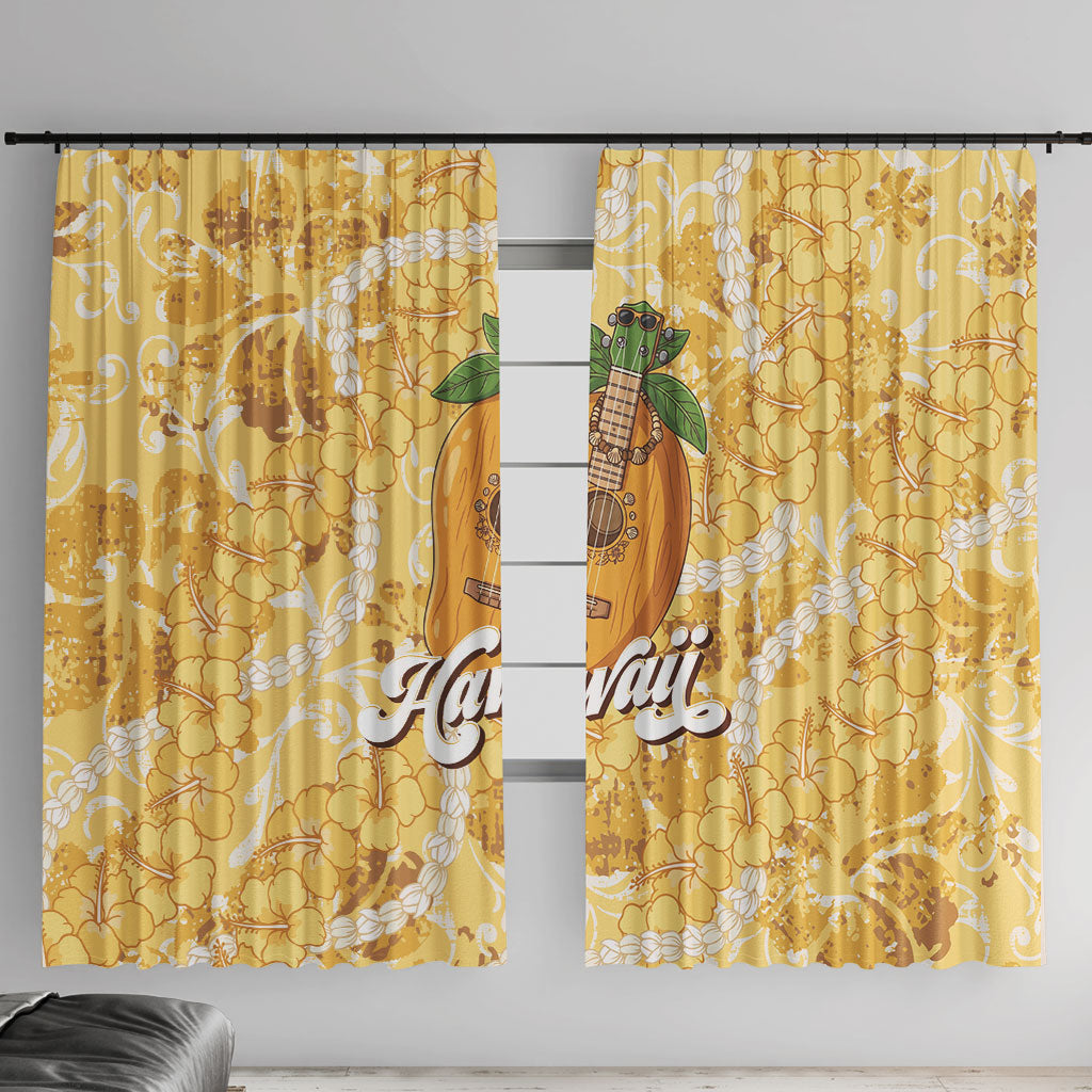 Hawaiian Mango Ukulele Window Curtain Retro Yellow Hibiscus Pikake Lei LT9 With Hooks Yellow - Polynesian Pride