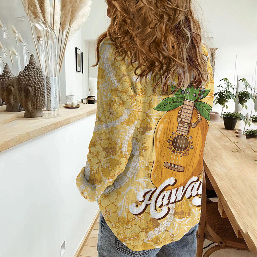 Hawaiian Mango Ukulele Women Casual Shirt Retro Yellow Hibiscus Pikake Lei LT9 - Polynesian Pride