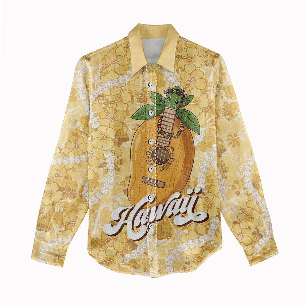 Hawaiian Mango Ukulele Women Casual Shirt Retro Yellow Hibiscus Pikake Lei LT9 - Polynesian Pride