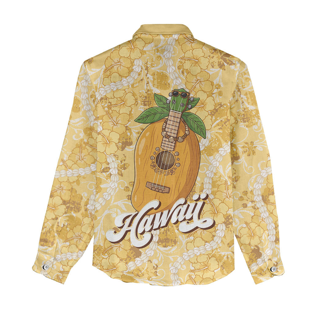Hawaiian Mango Ukulele Women Casual Shirt Retro Yellow Hibiscus Pikake Lei LT9 - Polynesian Pride