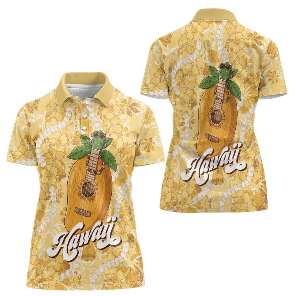 Hawaiian Mango Ukulele Women Polo Shirt Retro Yellow Hibiscus Pikake Lei LT9 - Polynesian Pride