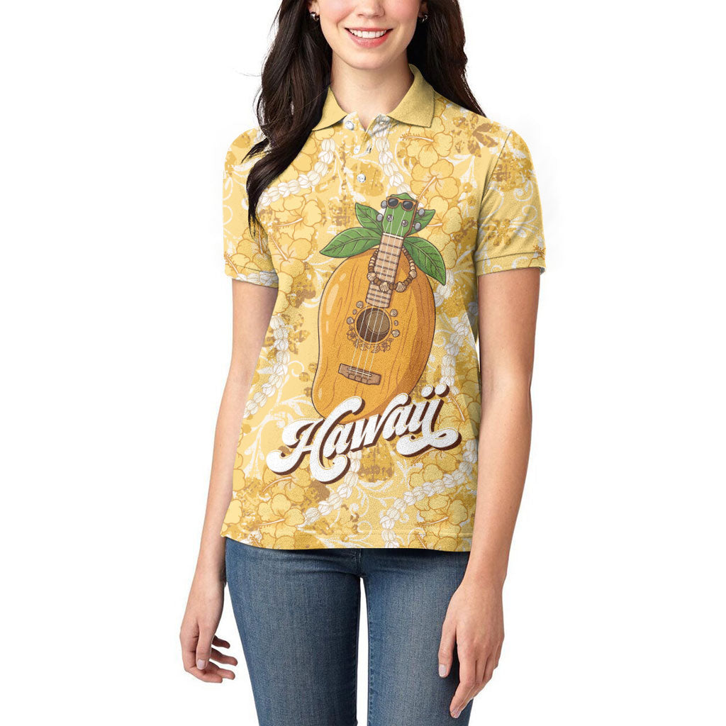 Hawaiian Mango Ukulele Women Polo Shirt Retro Yellow Hibiscus Pikake Lei LT9 - Polynesian Pride