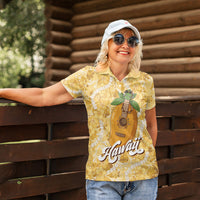 Hawaiian Mango Ukulele Women Polo Shirt Retro Yellow Hibiscus Pikake Lei LT9 - Polynesian Pride