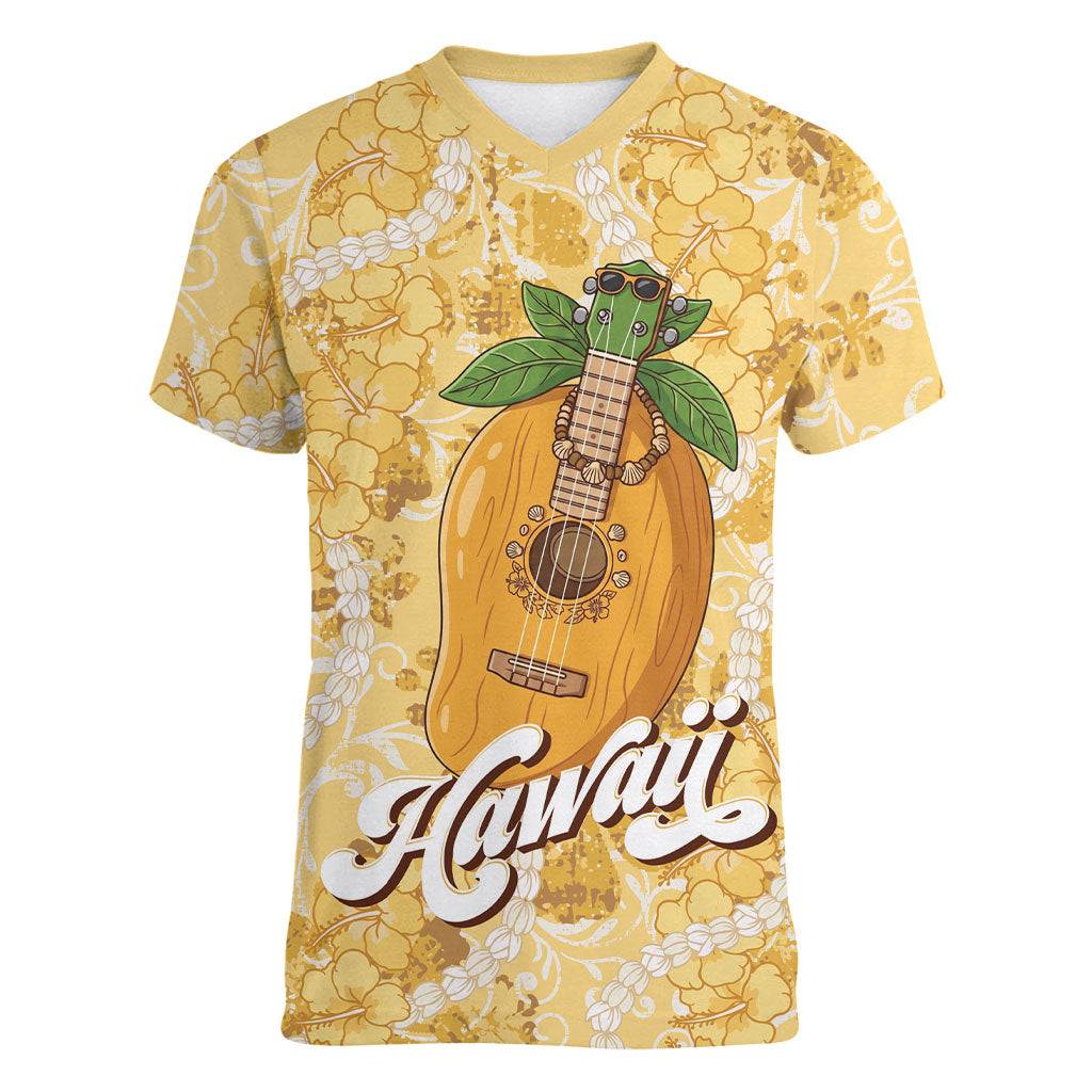 Hawaiian Mango Ukulele Women V-Neck T-Shirt Retro Yellow Hibiscus Pikake Lei LT9 Female Yellow - Polynesian Pride