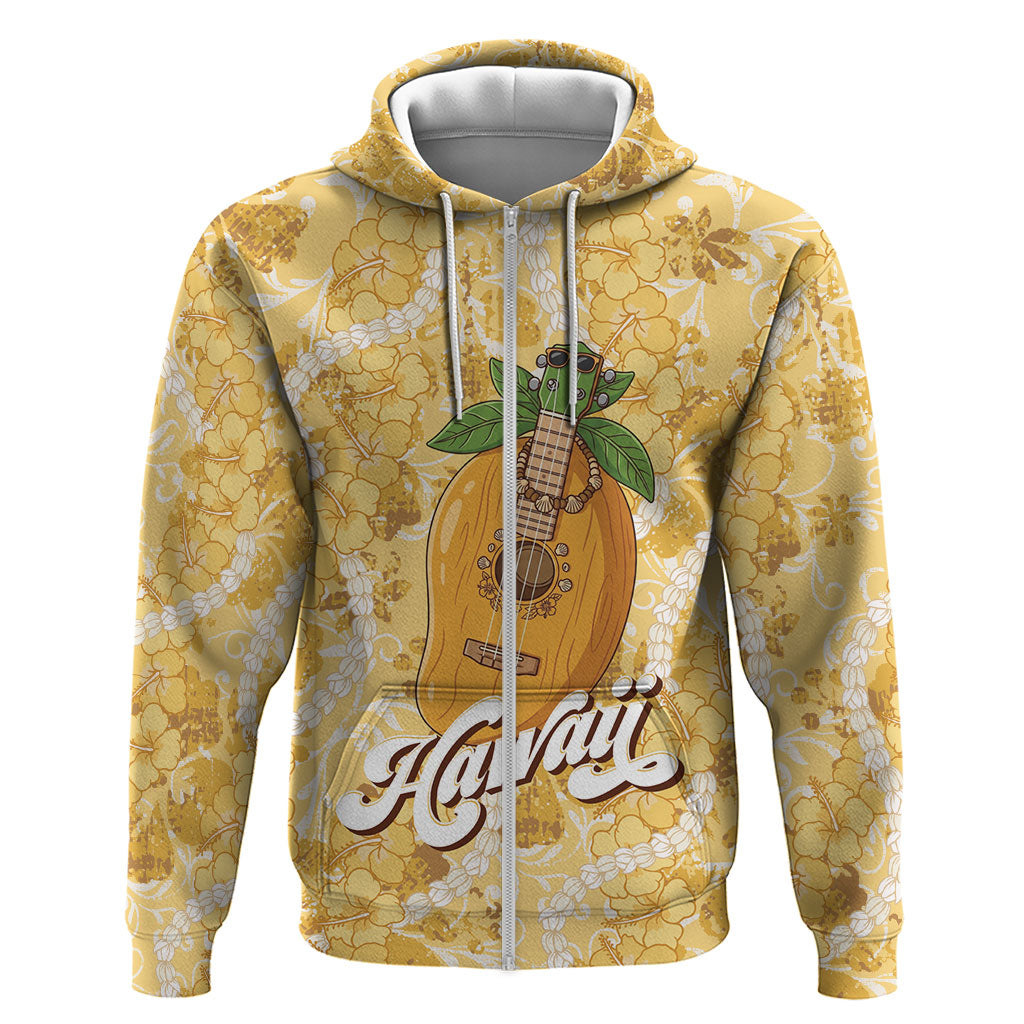 Hawaiian Mango Ukulele Zip Hoodie Retro Yellow Hibiscus Pikake Lei LT9 Zip Hoodie Yellow - Polynesian Pride