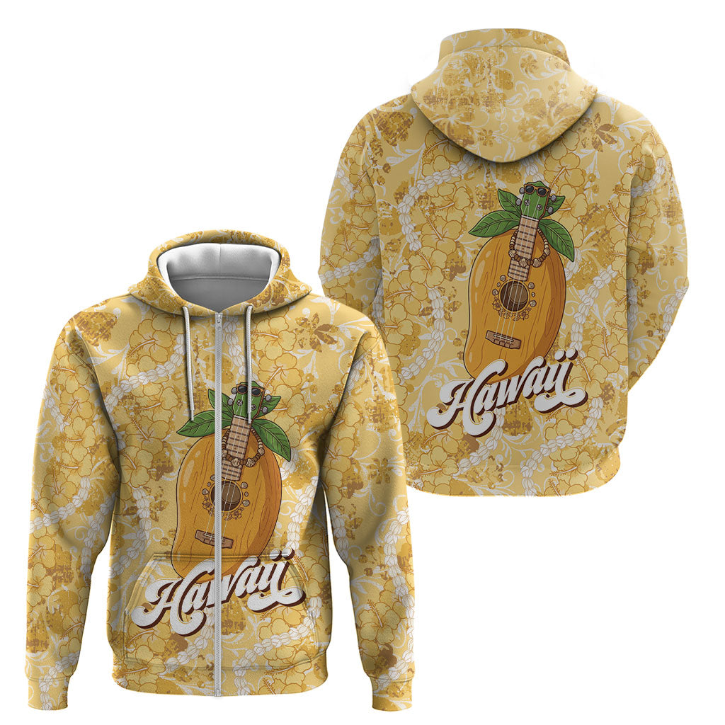 Hawaiian Mango Ukulele Zip Hoodie Retro Yellow Hibiscus Pikake Lei LT9 - Polynesian Pride