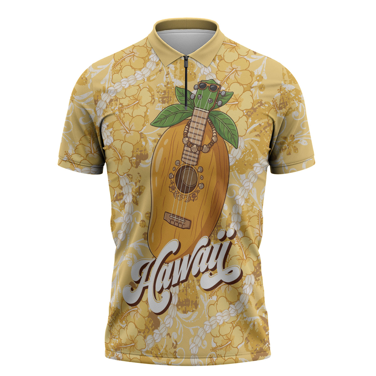 Hawaiian Mango Ukulele Zipper Polo Shirt Retro Yellow Hibiscus Pikake Lei LT9 Yellow - Polynesian Pride