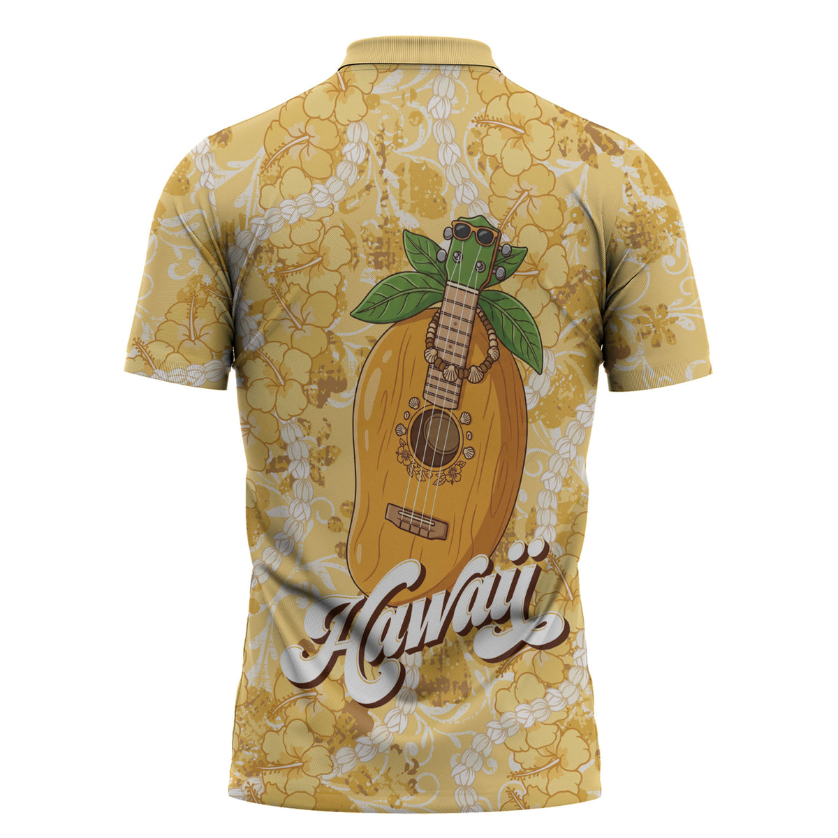 Hawaiian Mango Ukulele Zipper Polo Shirt Retro Yellow Hibiscus Pikake Lei LT9 - Polynesian Pride