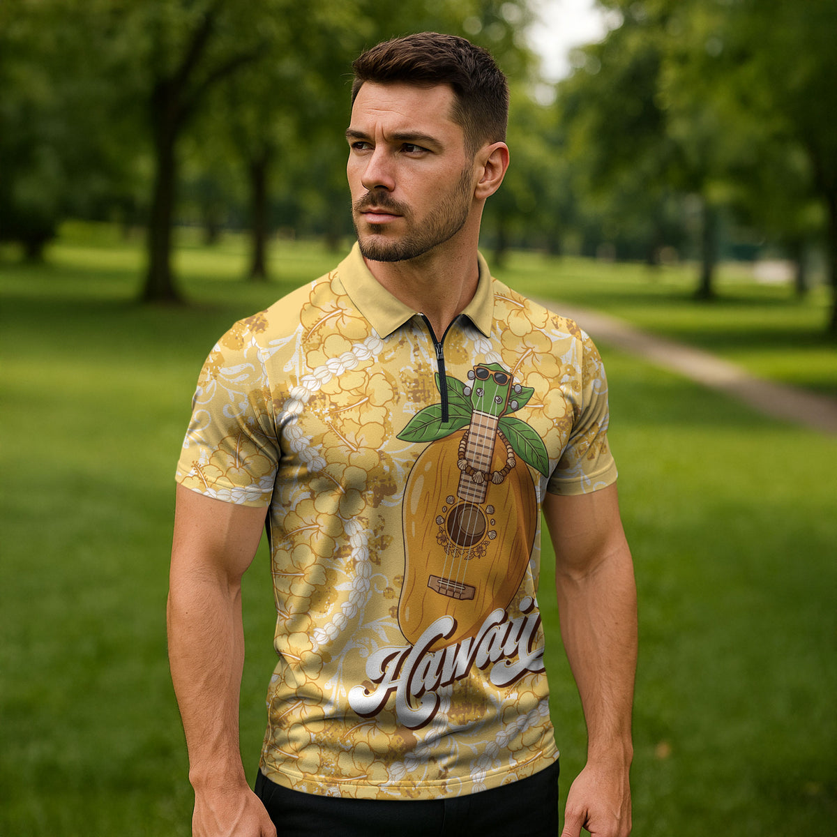 Hawaiian Mango Ukulele Zipper Polo Shirt Retro Yellow Hibiscus Pikake Lei LT9 - Polynesian Pride
