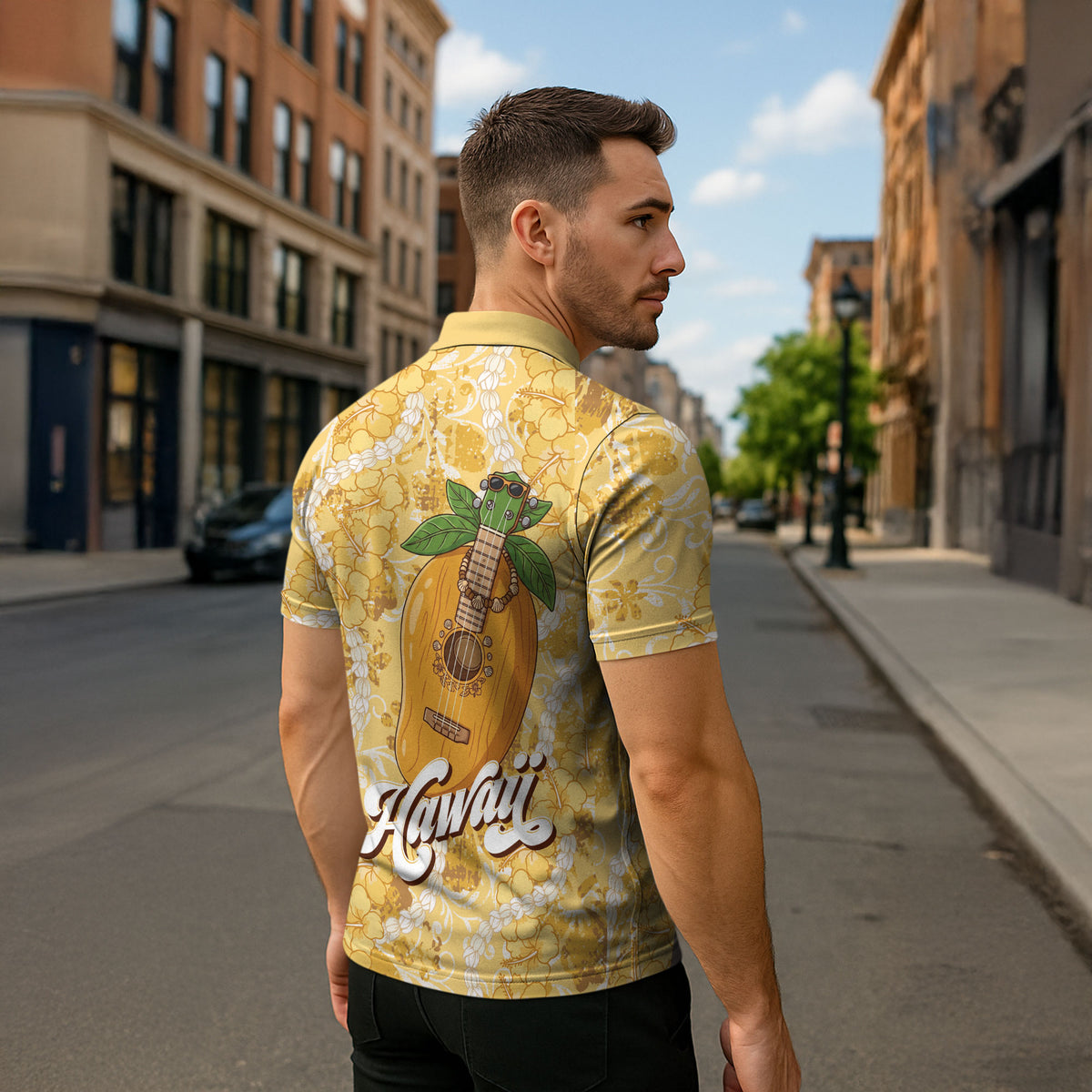 Hawaiian Mango Ukulele Zipper Polo Shirt Retro Yellow Hibiscus Pikake Lei LT9 - Polynesian Pride