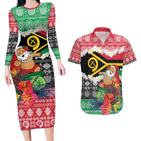 Personalised Vanuatu Joyeux Noel Couples Matching Long Sleeve Bodycon Dress and Hawaiian Shirt Proud To Be a Ni-Van Sand Drawing Art LT9 Red - Polynesian Pride