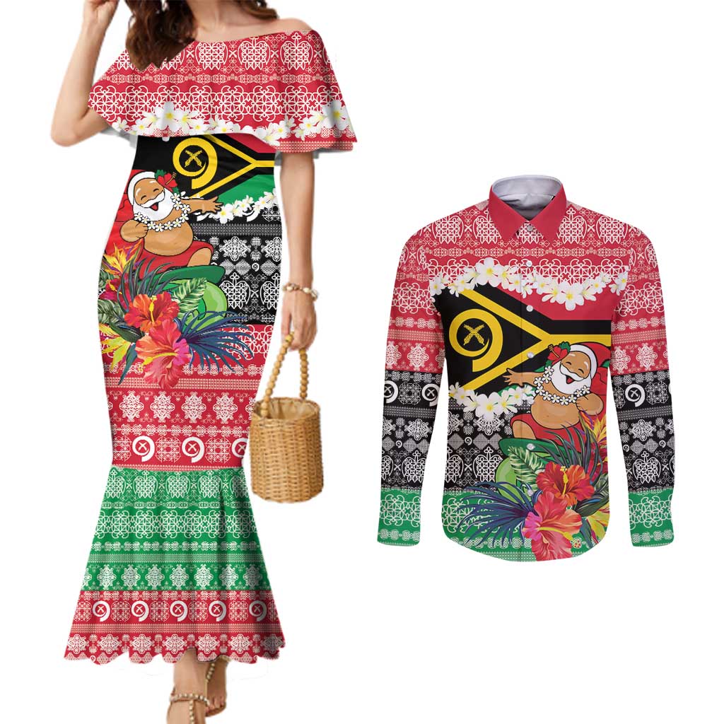 Personalised Vanuatu Joyeux Noel Couples Matching Mermaid Dress and Long Sleeve Button Shirt Proud To Be a Ni-Van Sand Drawing Art LT9 Red - Polynesian Pride
