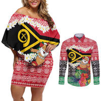 Personalised Vanuatu Joyeux Noel Couples Matching Off Shoulder Short Dress and Long Sleeve Button Shirt Proud To Be a Ni-Van Sand Drawing Art LT9 Red - Polynesian Pride