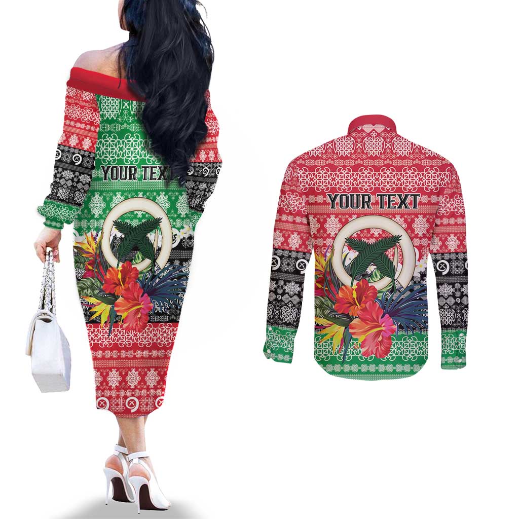 Personalised Vanuatu Joyeux Noel Couples Matching Off The Shoulder Long Sleeve Dress and Long Sleeve Button Shirt Proud To Be a Ni-Van Sand Drawing Art LT9 - Polynesian Pride