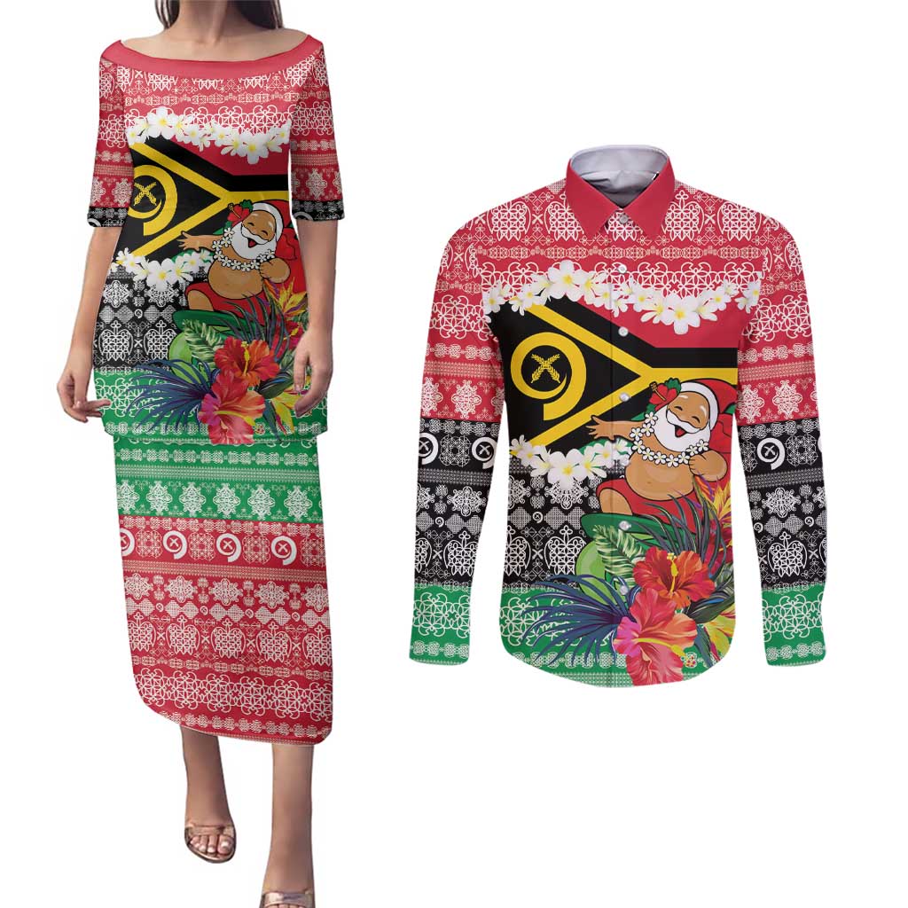 Personalised Vanuatu Joyeux Noel Couples Matching Puletasi and Long Sleeve Button Shirt Proud To Be a Ni-Van Sand Drawing Art LT9 Red - Polynesian Pride