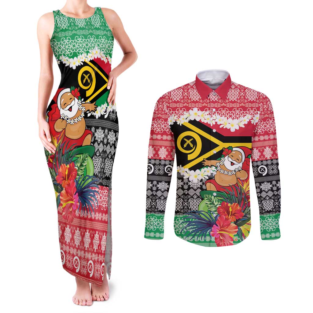 Personalised Vanuatu Joyeux Noel Couples Matching Tank Maxi Dress and Long Sleeve Button Shirt Proud To Be a Ni-Van Sand Drawing Art LT9 Red - Polynesian Pride