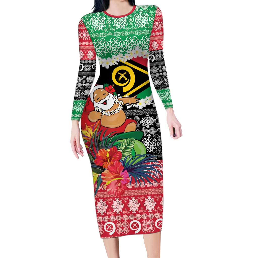 Personalised Vanuatu Joyeux Noel Long Sleeve Bodycon Dress Proud To Be a Ni-Van Sand Drawing Art LT9 Long Dress Red - Polynesian Pride