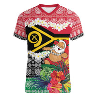 Personalised Vanuatu Joyeux Noel Women V-Neck T-Shirt Proud To Be a Ni-Van Sand Drawing Art LT9 Female Red - Polynesian Pride