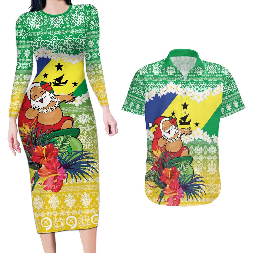 Personalised Malampa Joyeux Noel Couples Matching Long Sleeve Bodycon Dress and Hawaiian Shirt Proud To Be a Ni-Van Sand Drawing Art LT9 Lime - Polynesian Pride