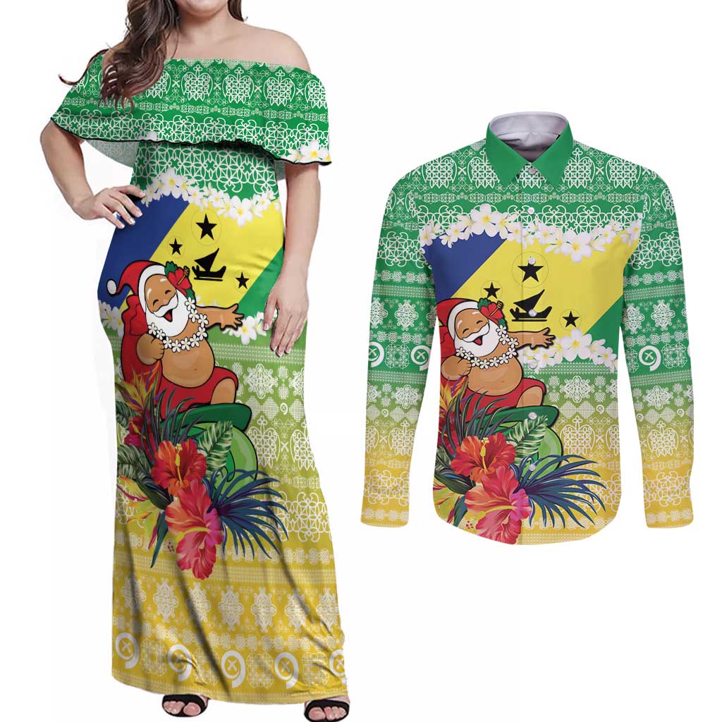Personalised Malampa Joyeux Noel Couples Matching Off Shoulder Maxi Dress and Long Sleeve Button Shirt Proud To Be a Ni-Van Sand Drawing Art LT9 Lime - Polynesian Pride