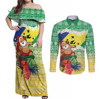 Personalised Malampa Joyeux Noel Couples Matching Off Shoulder Maxi Dress and Long Sleeve Button Shirt Proud To Be a Ni-Van Sand Drawing Art LT9 Lime - Polynesian Pride
