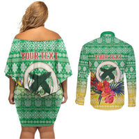 Personalised Malampa Joyeux Noel Couples Matching Off Shoulder Short Dress and Long Sleeve Button Shirt Proud To Be a Ni-Van Sand Drawing Art LT9 - Polynesian Pride