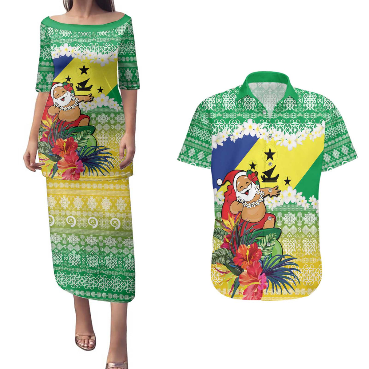 Personalised Malampa Joyeux Noel Couples Matching Puletasi and Hawaiian Shirt Proud To Be a Ni-Van Sand Drawing Art LT9 Lime - Polynesian Pride