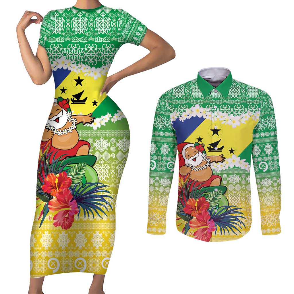 Personalised Malampa Joyeux Noel Couples Matching Short Sleeve Bodycon Dress and Long Sleeve Button Shirt Proud To Be a Ni-Van Sand Drawing Art LT9 Lime - Polynesian Pride