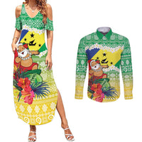 Personalised Malampa Joyeux Noel Couples Matching Summer Maxi Dress and Long Sleeve Button Shirt Proud To Be a Ni-Van Sand Drawing Art LT9 Lime - Polynesian Pride