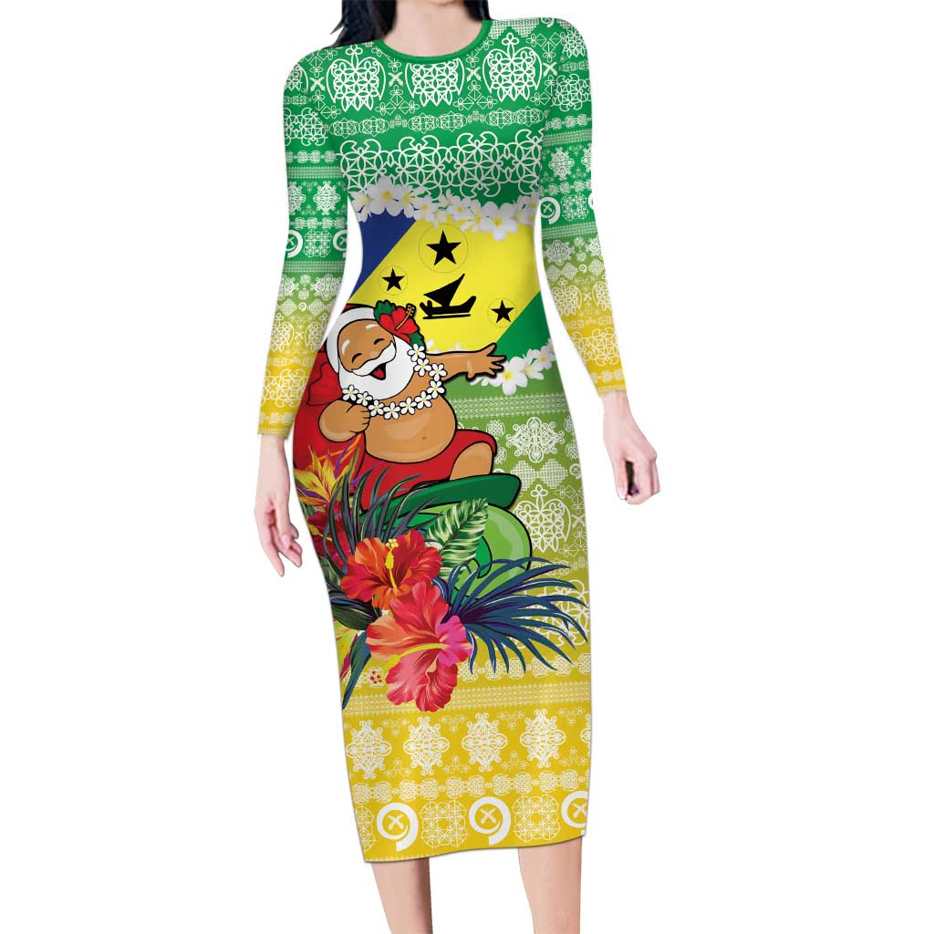 Personalised Malampa Joyeux Noel Long Sleeve Bodycon Dress Proud To Be a Ni-Van Sand Drawing Art LT9 Long Dress Lime - Polynesian Pride