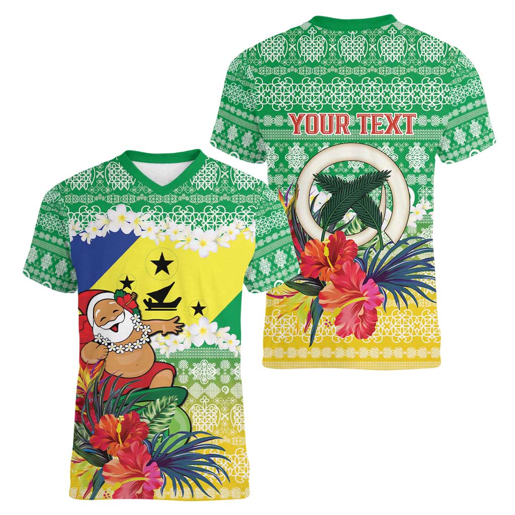 Personalised Malampa Joyeux Noel Women V-Neck T-Shirt Proud To Be a Ni-Van Sand Drawing Art LT9 - Polynesian Pride
