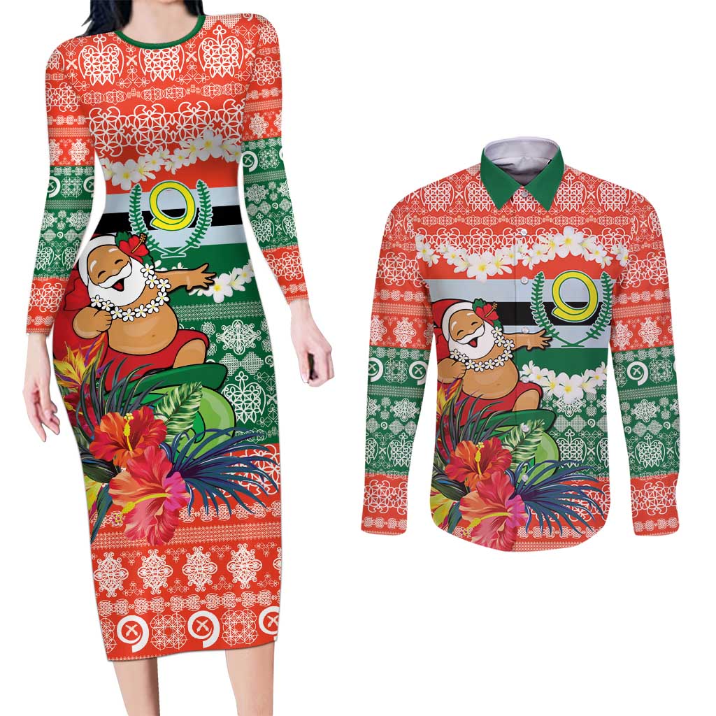 Personalised Penama Joyeux Noel Couples Matching Long Sleeve Bodycon Dress and Long Sleeve Button Shirt Proud To Be a Ni-Van Sand Drawing Art LT9 Red - Polynesian Pride