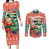 Personalised Penama Joyeux Noel Couples Matching Long Sleeve Bodycon Dress and Long Sleeve Button Shirt Proud To Be a Ni-Van Sand Drawing Art LT9 Red - Polynesian Pride