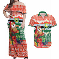 Personalised Penama Joyeux Noel Couples Matching Off Shoulder Maxi Dress and Hawaiian Shirt Proud To Be a Ni-Van Sand Drawing Art LT9 Red - Polynesian Pride