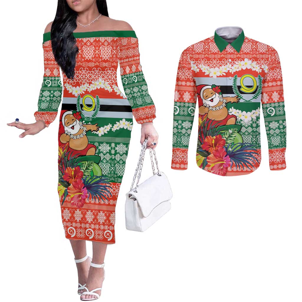 Personalised Penama Joyeux Noel Couples Matching Off The Shoulder Long Sleeve Dress and Long Sleeve Button Shirt Proud To Be a Ni-Van Sand Drawing Art LT9 Red - Polynesian Pride