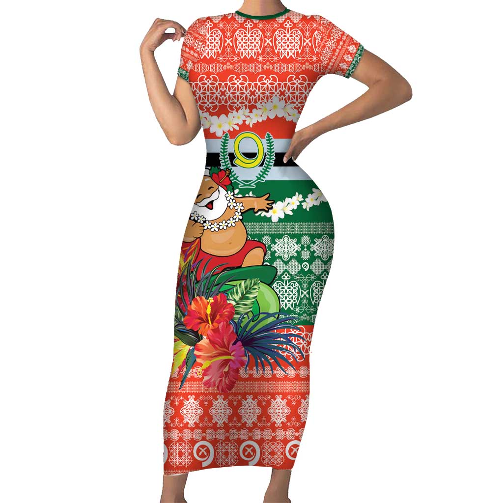 Personalised Penama Joyeux Noel Short Sleeve Bodycon Dress Proud To Be a Ni-Van Sand Drawing Art LT9 Long Dress Red - Polynesian Pride